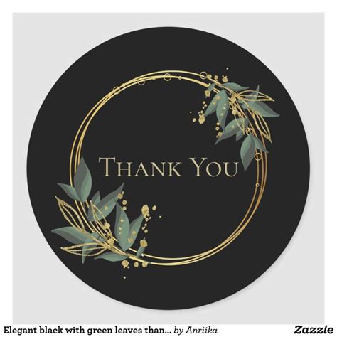 Elegant Black With Green Leaves Thank You Classic Round Sticker