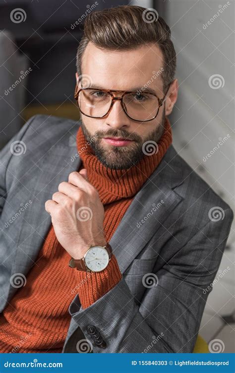 Portrait Of Bearded Man In Formal Wear And Glasses Looking Stock Image Image Of Confident
