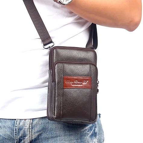 Men Genuine Leather Sling Shoulder Bag Cell Mobile Phone Case Belt