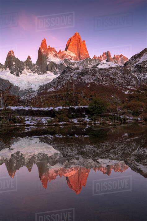 Mountain Range Of Cerro Torre And Fitz Roy At Sunrise Reflected Los