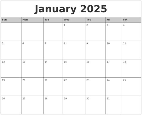 January 2025 Monthly Calendar Printable