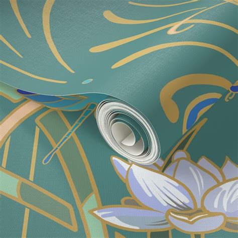 Art Nouveau Dragonflies Med Cool Green Wallpaper Spoonflower