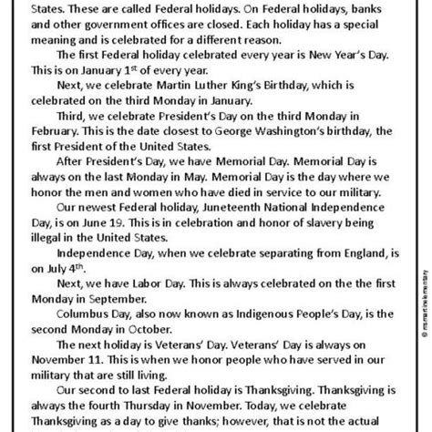 Us National Holidays Reading And Comprehension Questions Classful