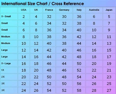 International Size Conversion Chart Womens Clothing Online Workout