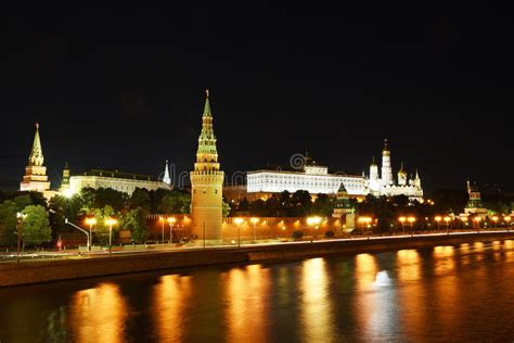 Night View Of The Kremlin And The Moskva River Moscow Russia Stock