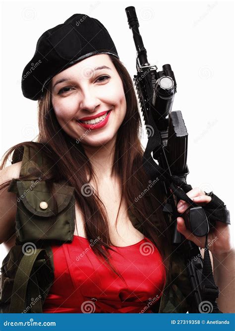 Girl Holding Rifle Islated On White Background Royalty Free Stock