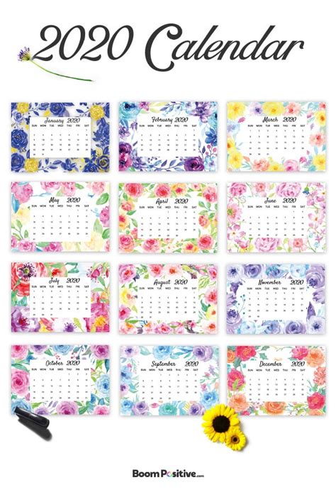 Floral Calendar 2020 Print Ready Boom Positive