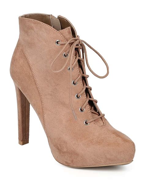 qupid ch82 women suede almond toe lace up stiletto ankle bootie taupe want to know more