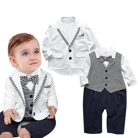 Gentleman Baby Boys Clothes Set Stripe Baby Rompers White Coat 2pcs