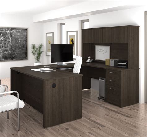 Modern U-shaped Premium Office Desk with Hutch in Dark Chocolate