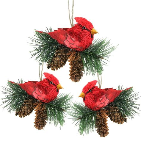 Pack Of 3 Red Cardinal Birds On Pine Cones Christmas Ornaments 5