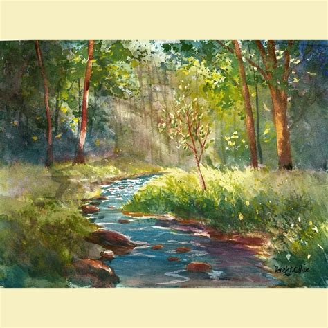 Watercolor Landscape Painting Print Creek And Tree Summer