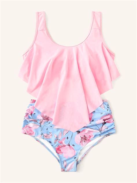 Pink Hanky Hem Flounce Top Swimsuit With Floral Bikini Bottom Flounce
