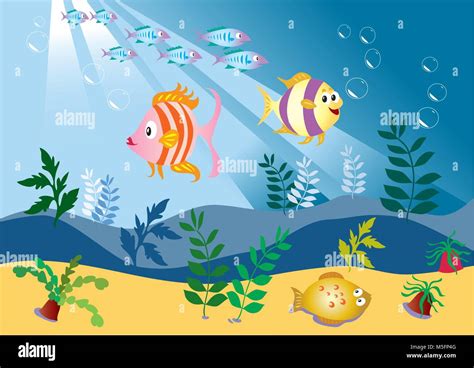 Varios Coloridos Dibujos Animados Peces Nadando En El Océano Imagen