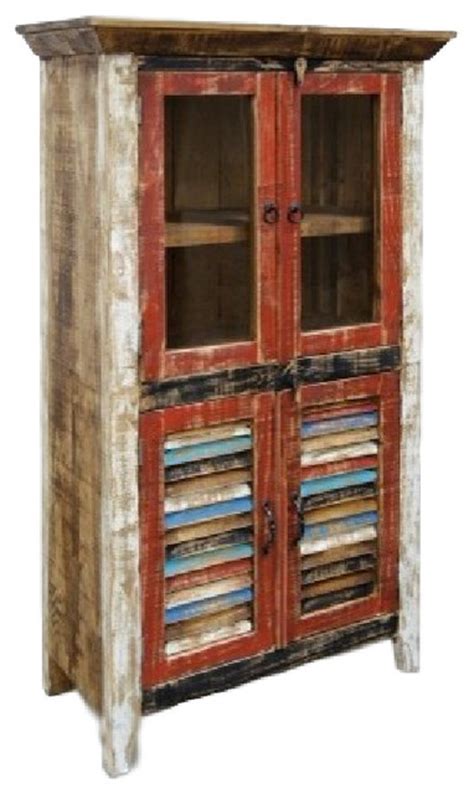 Glass doors and shutter cabinet door. Rustic Distressed Reclaimed Wood Curio, Glass Cabinet ...