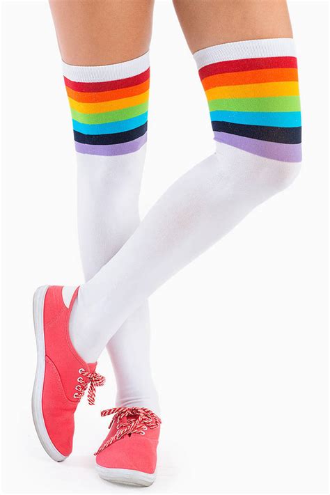 Over The Rainbow Thigh High Socks In White Tobi US