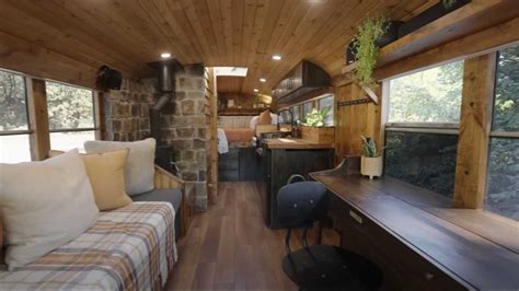 Custom School Bus Camper Conversion Has A Cabin Inspired Interior