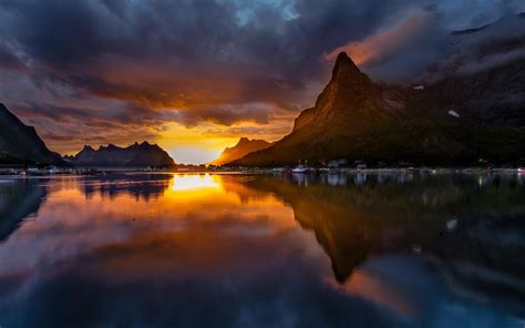 Mountain Reflection Sunset Lake Boat Norway