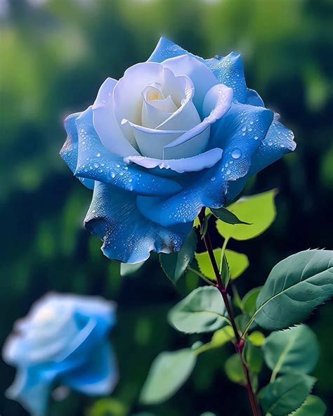 A Blue Rose With Water Droplets On Its Petals And Green Leaves In The