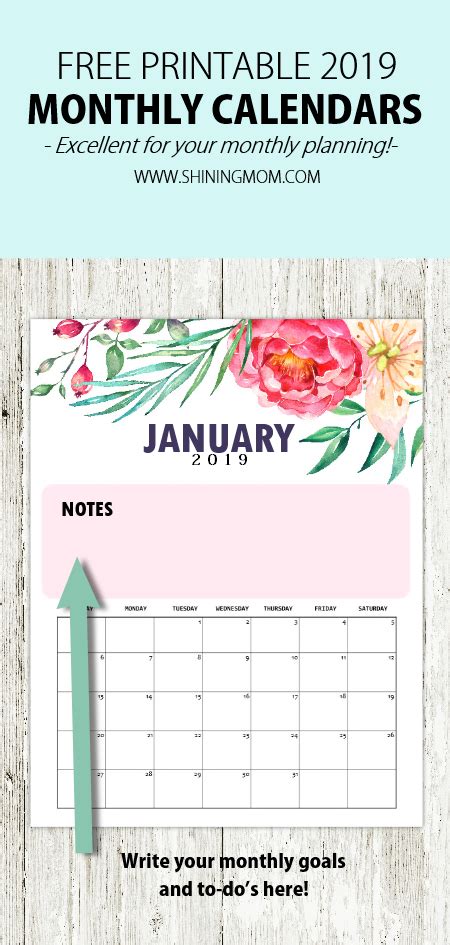 Free Printable Calendar 2019 With Notes In Pretty Florals