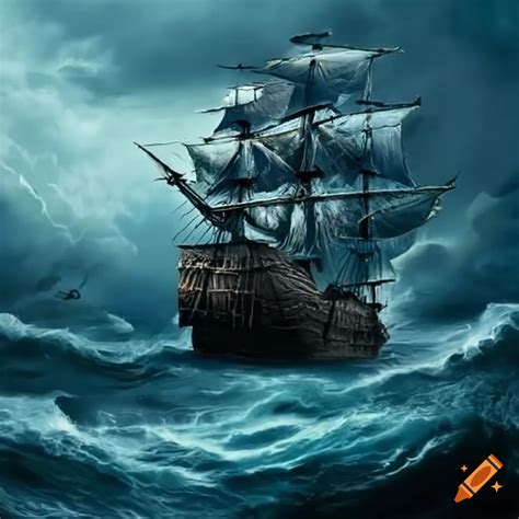 Pirate Ship Sailing Through Stormy Seas On Craiyon
