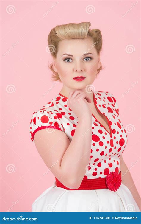 Beautiful Portrait Of Vintage Styled Female Model With Glamour Pin Up Makeup And Hair Dress
