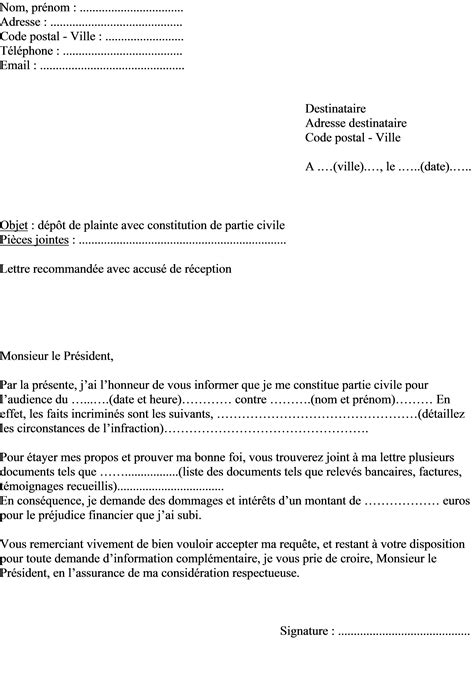 Mod Le De Lettre De Plainte Avec Constitution De Partie Civile Envoyer Au Pr Sident Du Tribunal