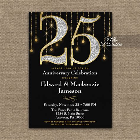 25th Anniversary Invitations Black Gold Diamonds Nifty Printables