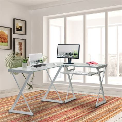 Techni Mobili L Shaped Tempered Glass Top Computer Desk With Pull Out Keyboard Tray Clear Rta