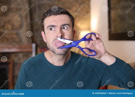 Angry Man Cutting Tongue With Scissors Stock Photo Image Of Offend