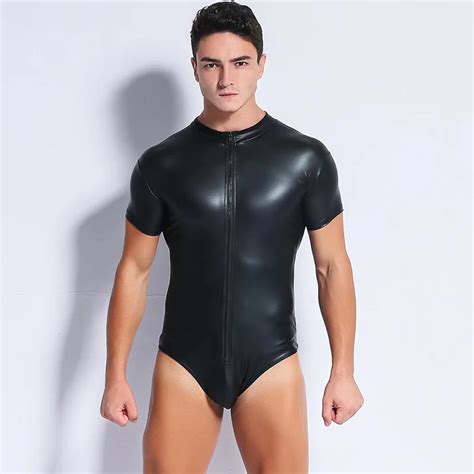 Aliexpress Com Buy Sexy Men S Black Faux Leather Bodysuit Short