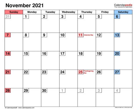November 2021 Calendar Templates For Word Excel And Pdf Calendar