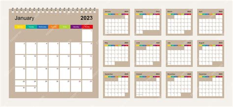 Conjunto De Design Colorido Do Calendário 2023 De 12 Páginas De