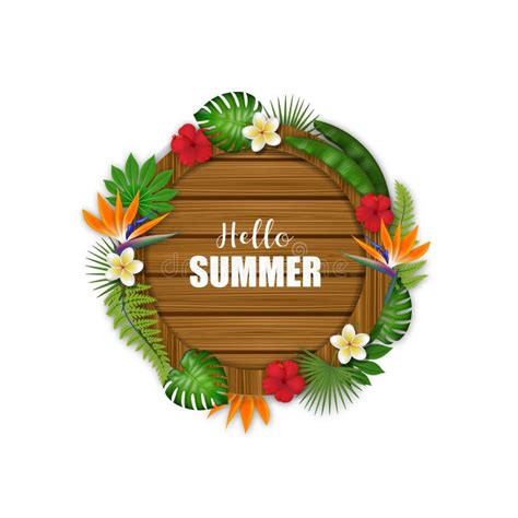 Hello Summer Banner With Tropical Flowers Leaves And Butterflies Stock