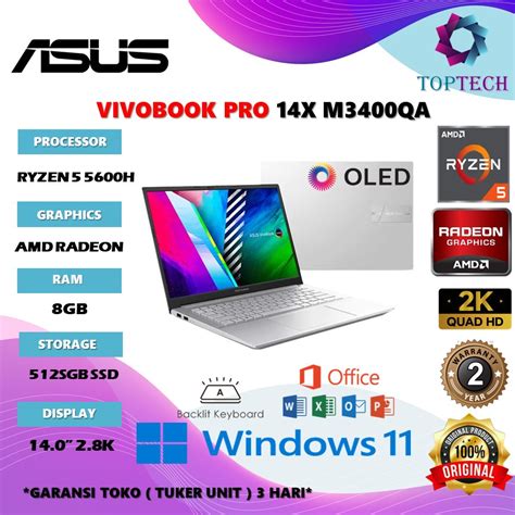 Jual Laptop Asus Vivobook Pro 14x M3400qa Ryzen 5 5600h Ram 16gb 512gb