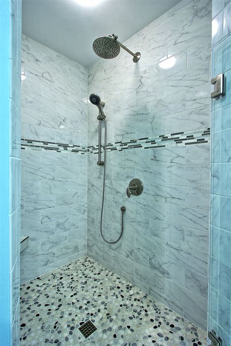 Custom Tiled Shower With Porcelain Tiles That Look Like Marble Pebbles