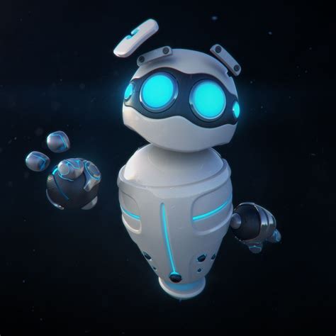 A White Robot With Glowing Blue Eyes Standing Next To An Object That