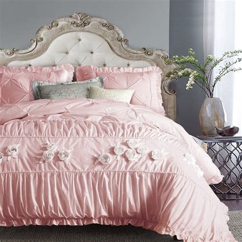 Noble Excellence Blush Pink Applique Rose Pattern Pintuck Ruffle