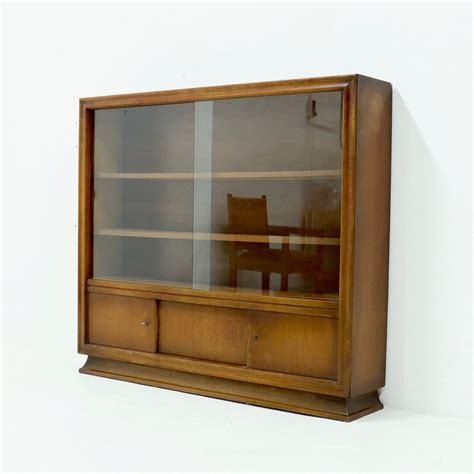 Vintage Oak Display Cabinet With Glass Sliding Doors 1950s 180259