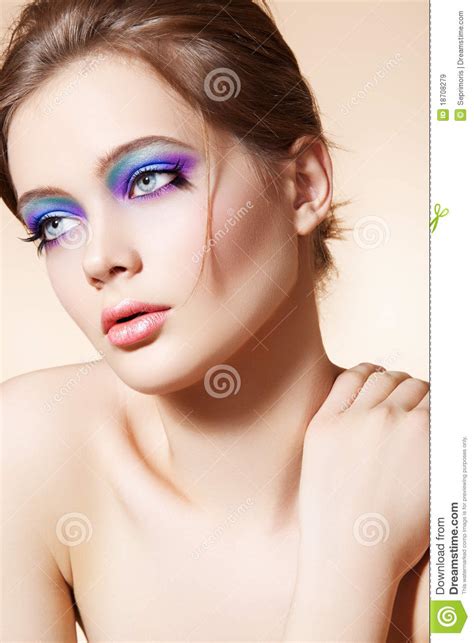 Beautiful Model Face With Bright Fashion Make Up Stock