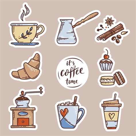 Coffee Stickers Set Vector Sketch Illustration Set With Lettering Its