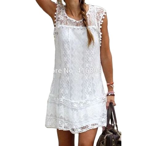 Summer Women Sexy Dress Casual Sleeveless Beach Short Dress Tassel Solid White Mini Lace Dress