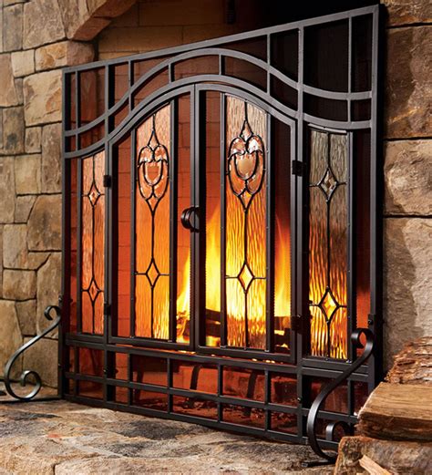 Large Two Door Fireplace Screen With Glass Floral Panels Black
