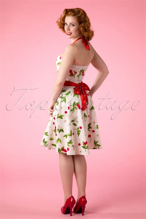 50s Cream Cherry Blossom Swing Halter Dress