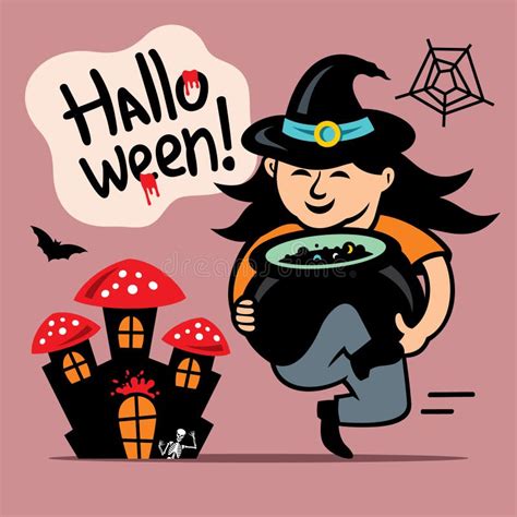 Vector Halloween Witch With Cauldron Cartoon Illustration Stock Vector