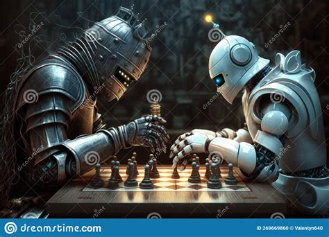 Two Robots Playing Chess In Dark Room Generative Ai Stock Photo