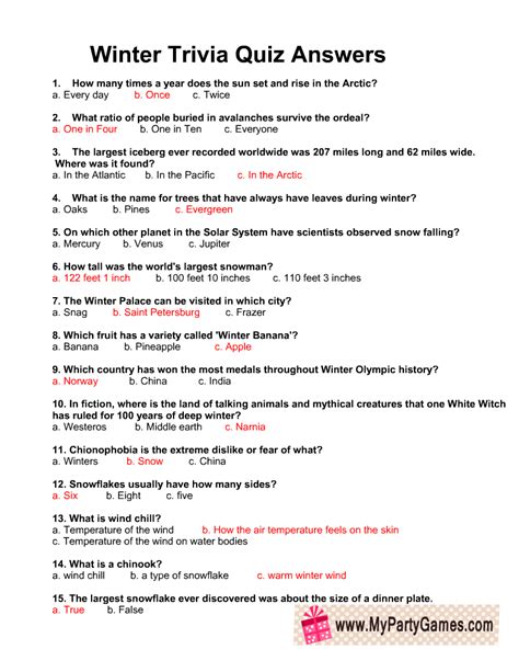 Winter Trivia Questions And Answers Printables