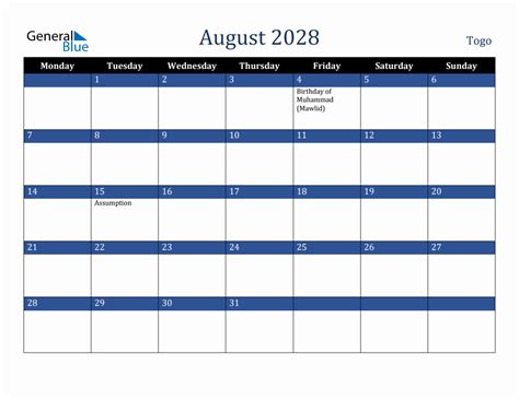 August 2028 Togo Holiday Calendar