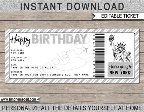 New York Birthday T Plane Ticket Printable Boarding Pass Voucher Coupon Surprise Trip