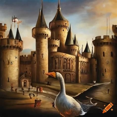 Renaissance Style Painting Of A Goose Themed Castle Kingdom